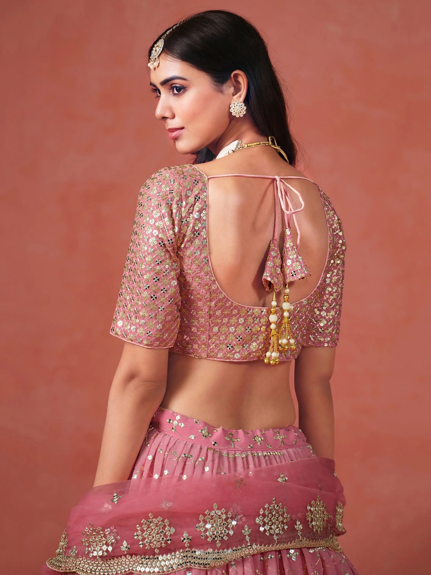 Fabulous Peach Georgette Embroidered Zari Lehenga Choli With Dupatta - Zeel Clothing