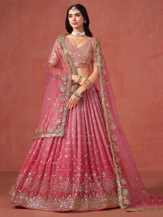 Fabulous Peach Georgette Embroidered Zari Lehenga Choli With Dupatta - Zeel Clothing