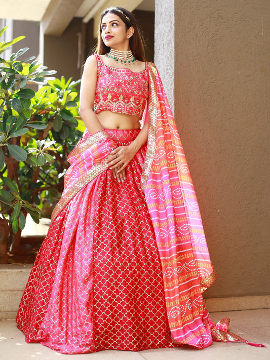 Fabulous Pink Embroidery Chinon Wedding Lehenga Choli With Dupatta - Zeel Clothing