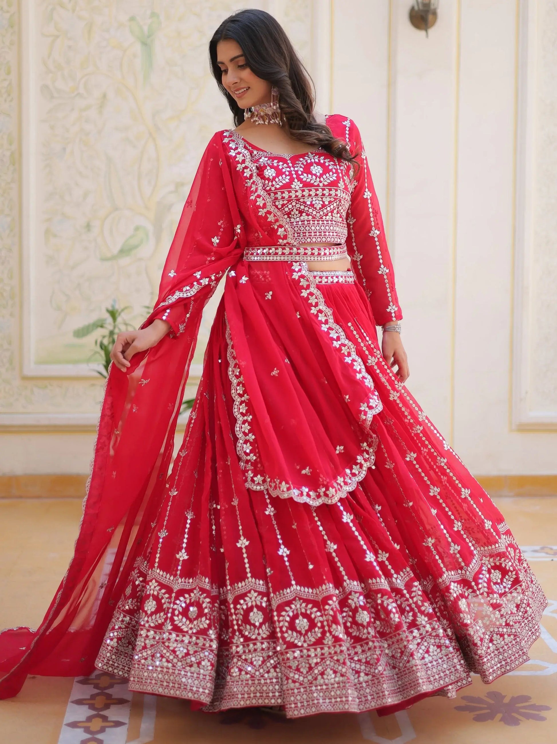 Fabulous Pink Sequins Georgette Party Wear Lehenga Choli With Dupatta - Zeel Clothing
