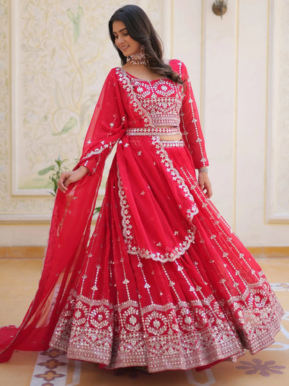 Fabulous Pink Sequins Georgette Party Wear Lehenga Choli With Dupatta - Zeel Clothing
