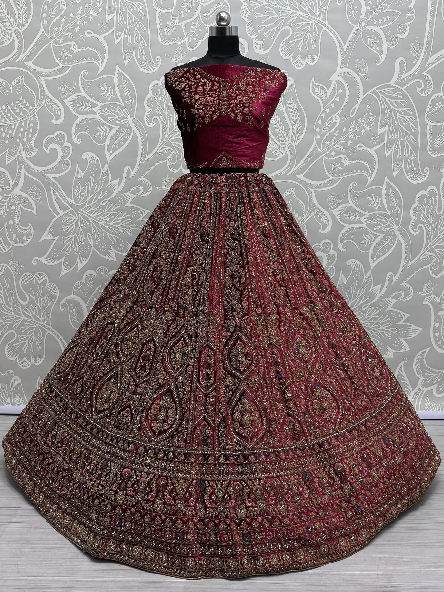 Fabulous Pink Velvet Bridal Lehenga Choli With Double Dupatta - Zeel Clothing