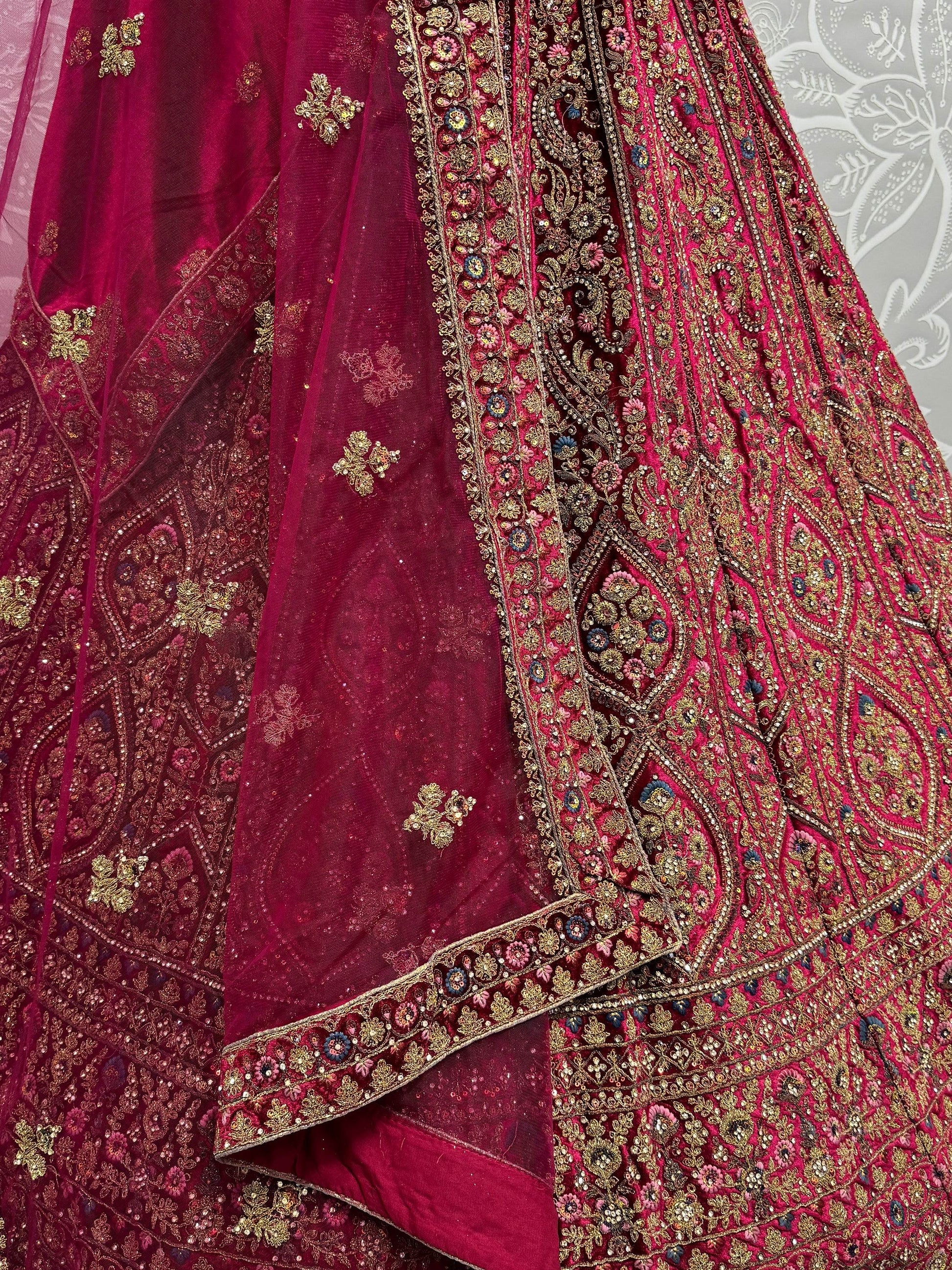 Fabulous Pink Velvet Bridal Lehenga Choli With Double Dupatta - Zeel Clothing