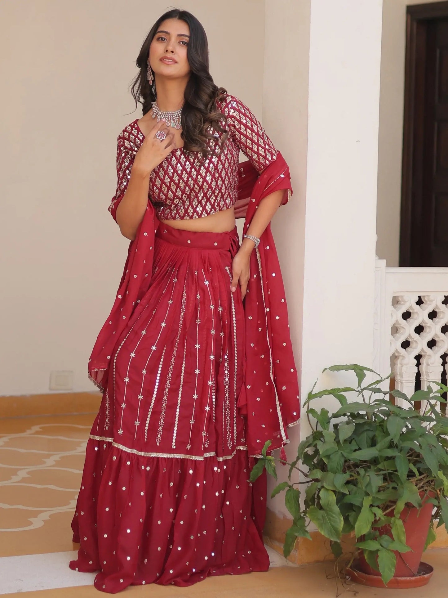 Fabulous Red Sequins Georgette Festive Wear Lehenga Choli With Dupatta - Zeel Clothing