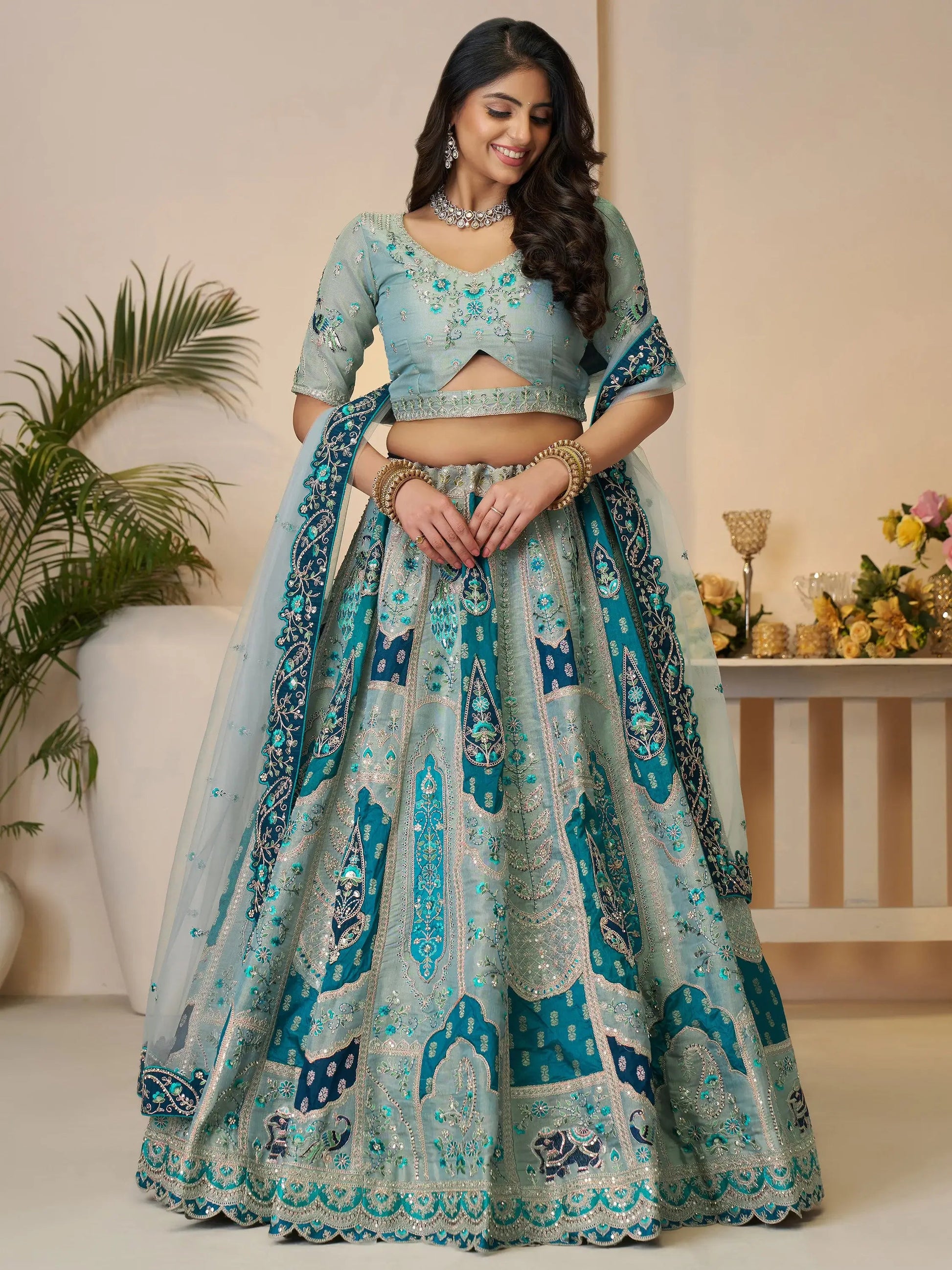 Fabulous Sky-Blue Patch Work Banarasi Silk Bridesmaid Lehenga Choli - Zeel Clothing