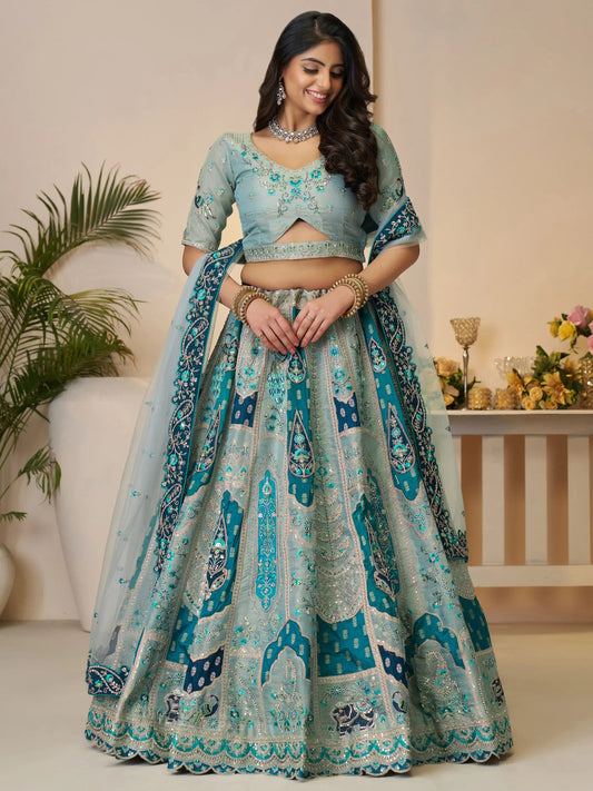 Fabulous Sky-Blue Patch Work Banarasi Silk Bridesmaid Lehenga Choli - Zeel Clothing