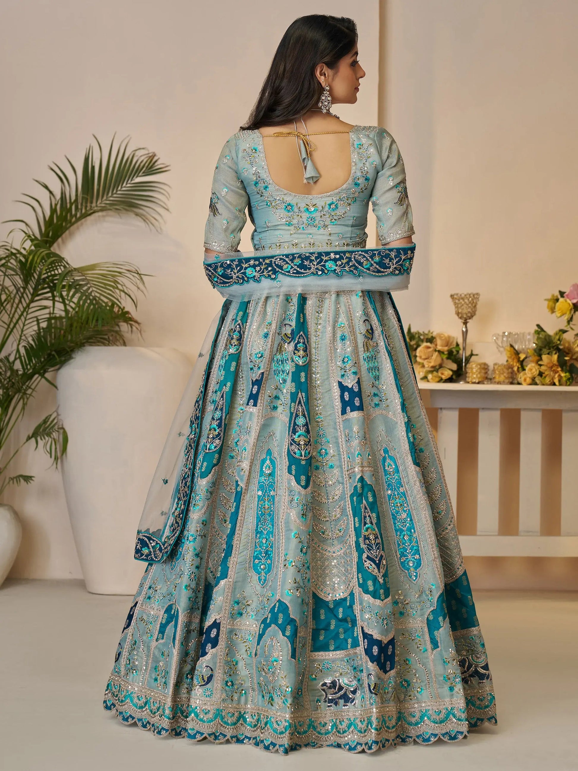 Fabulous Sky-Blue Patch Work Banarasi Silk Bridesmaid Lehenga Choli - Zeel Clothing