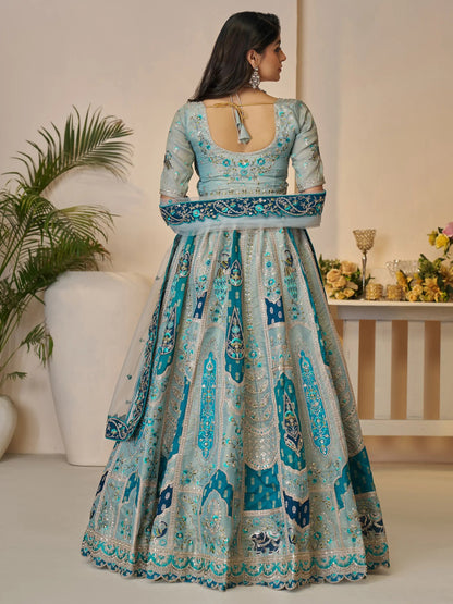 Fabulous Sky-Blue Patch Work Banarasi Silk Bridesmaid Lehenga Choli - Zeel Clothing