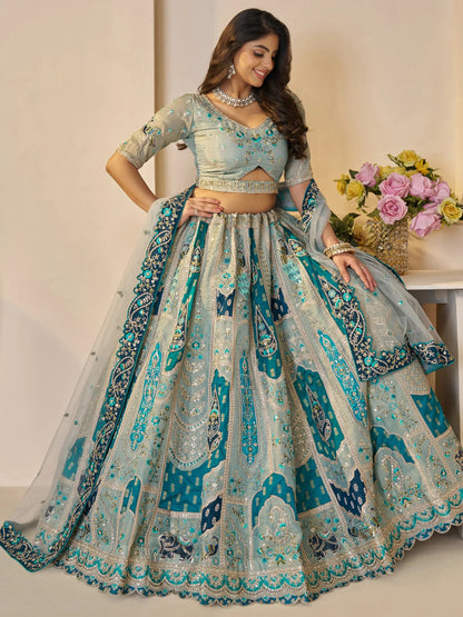 Fabulous Sky-Blue Patch Work Banarasi Silk Bridesmaid Lehenga Choli - Zeel Clothing