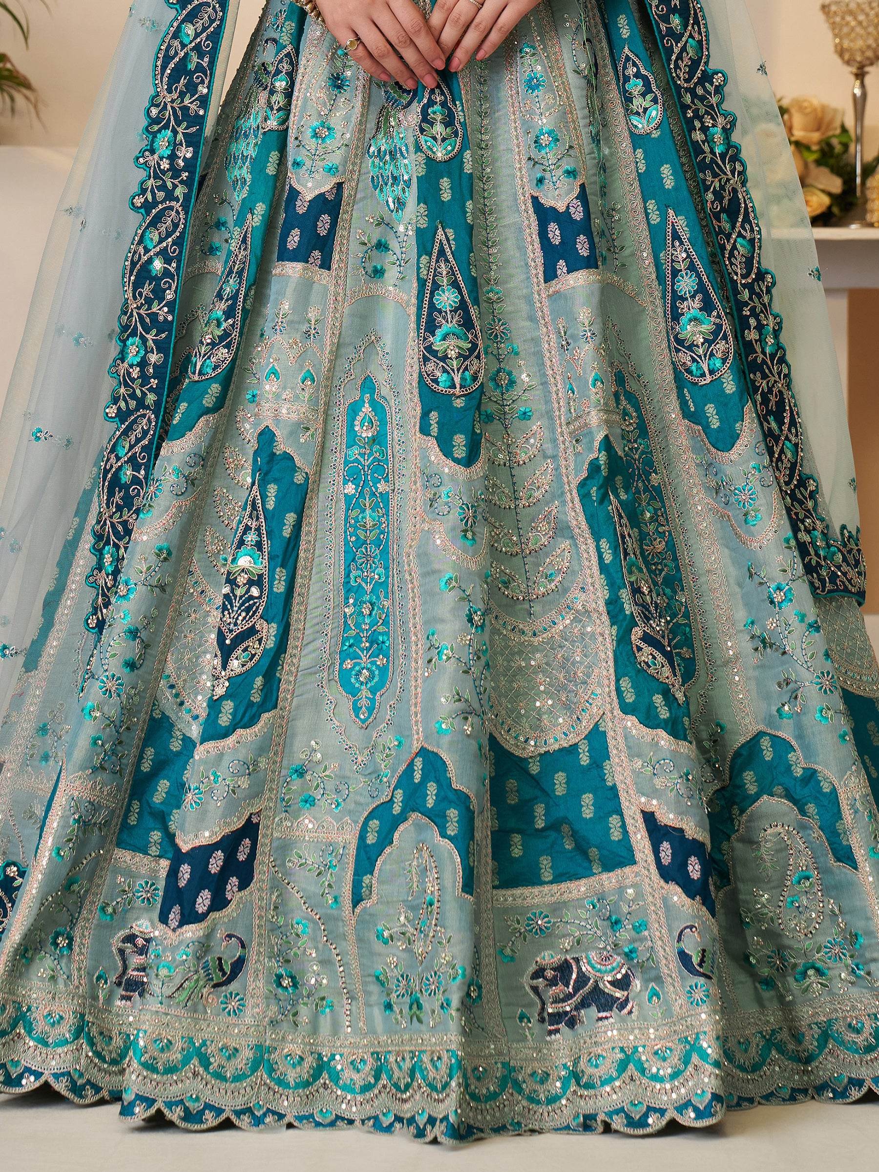 Fabulous Sky-Blue Patch Work Banarasi Silk Bridesmaid Lehenga Choli - Zeel Clothing