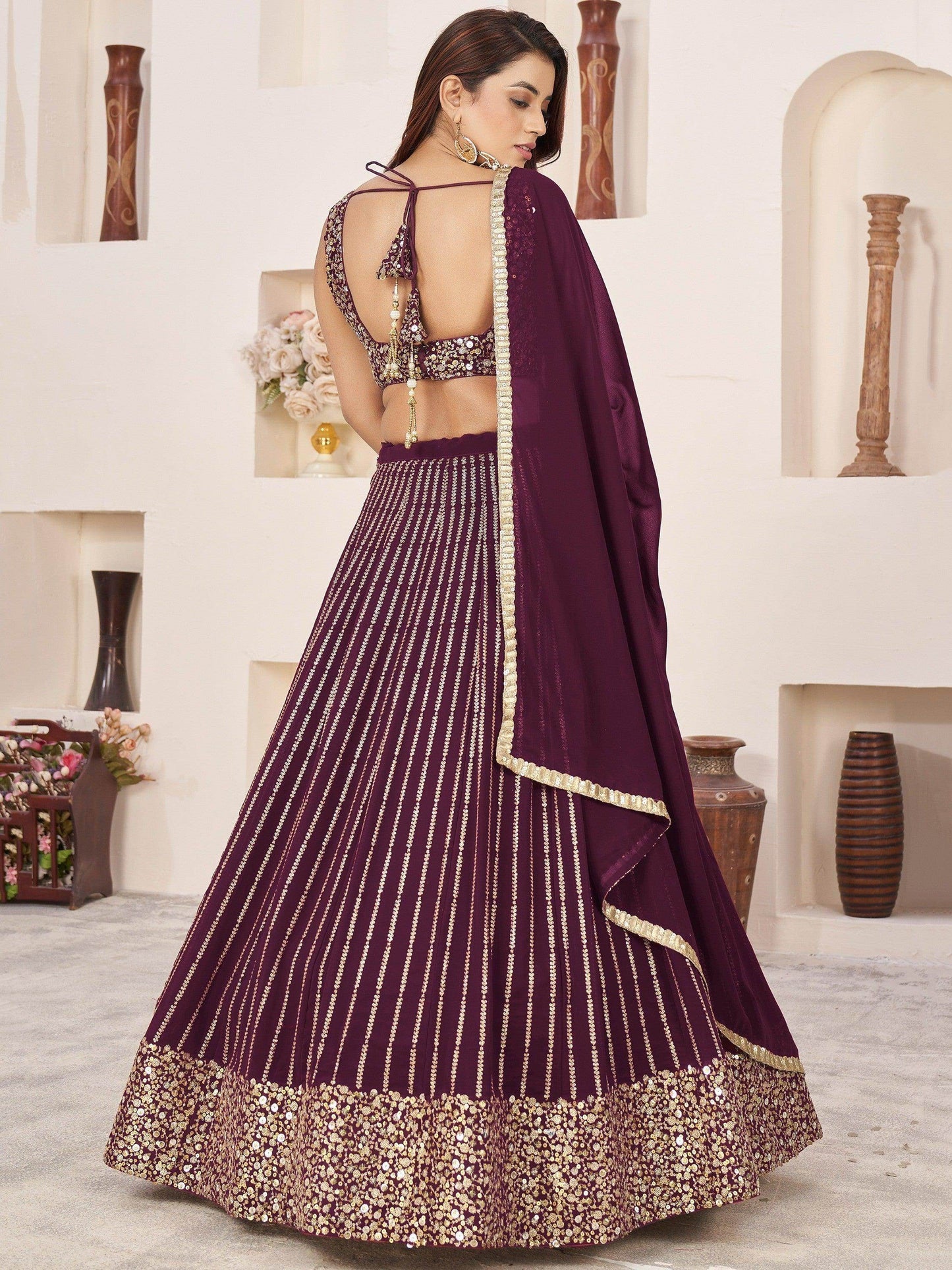 Fabulous Wine Sequins Georgette Reception Wear Lehenga Choli - Zeel Clothing