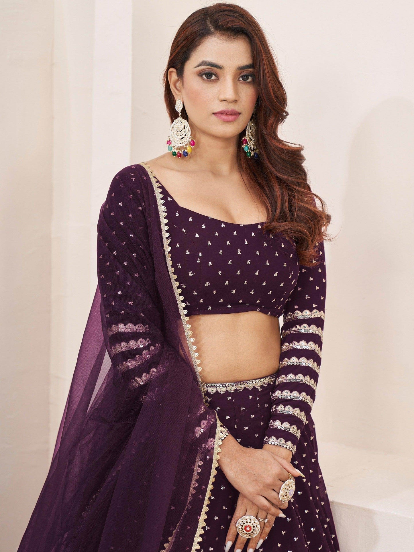 Fancified Purple Sequins Georgette Reception Wear Lehenga Choli - Zeel Clothing