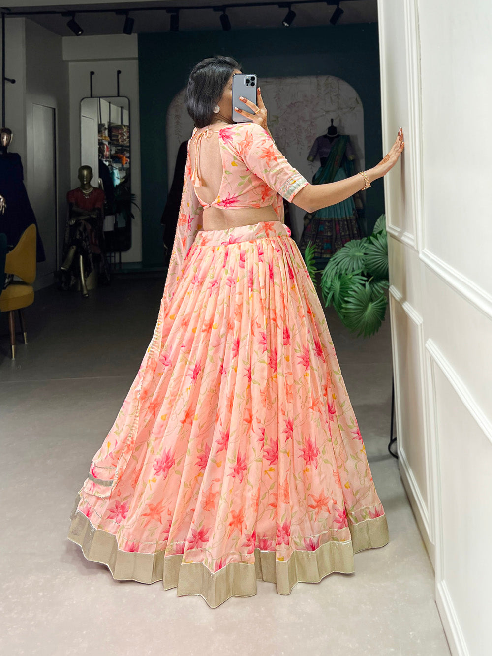 Peach Color Floral Print With Lace Border Tabby Silk Lehenga Choli
