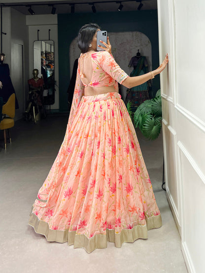 Peach Color Floral Print With Lace Border Tabby Silk Lehenga Choli