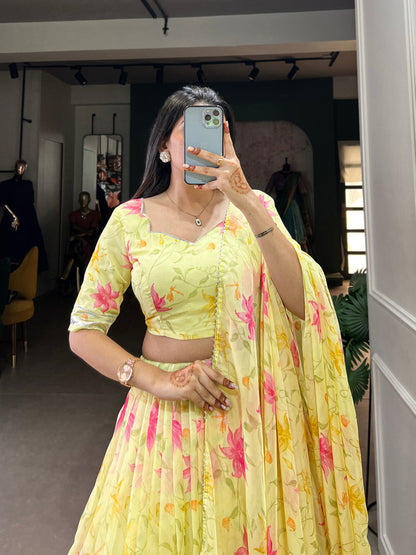 Yellow Color Floral Print With Lace Border Tabby Silk Lehenga Choli