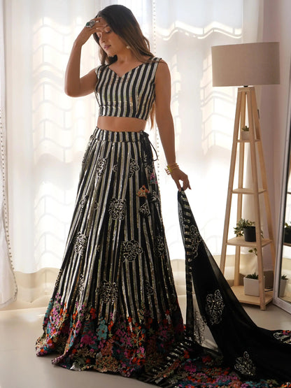 Fantabulous Black Sequins Georgette Sangeet Wear Lehenga Choli With Dupatta - Zeel Clothing