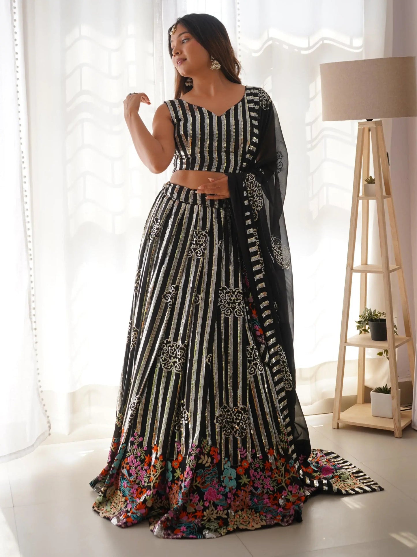 Fantabulous Black Sequins Georgette Sangeet Wear Lehenga Choli With Dupatta - Zeel Clothing