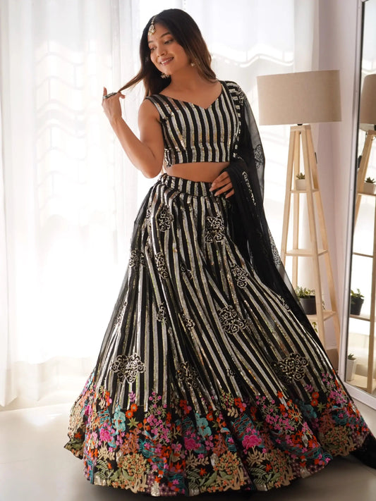 Fantabulous Black Sequins Georgette Sangeet Wear Lehenga Choli With Dupatta - Zeel Clothing