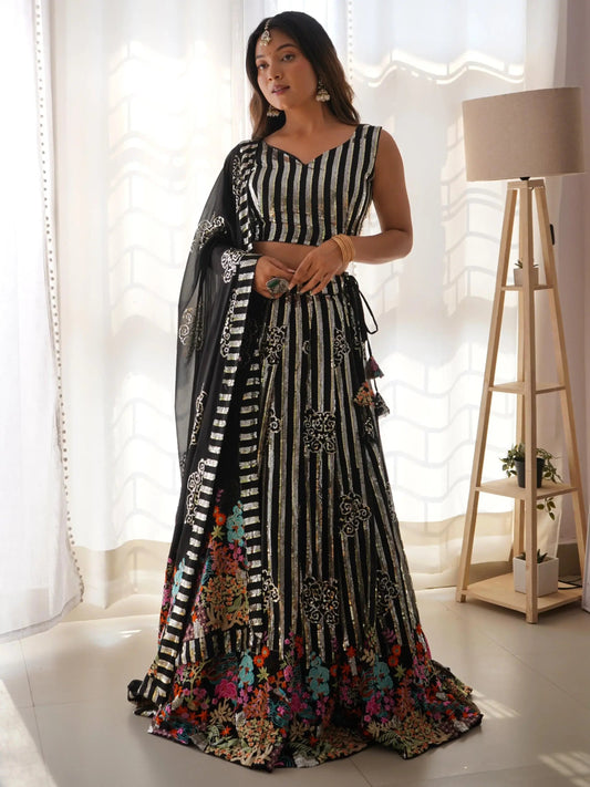 Fantabulous Black Sequins Georgette Sangeet Wear Lehenga Choli With Dupatta - Zeel Clothing