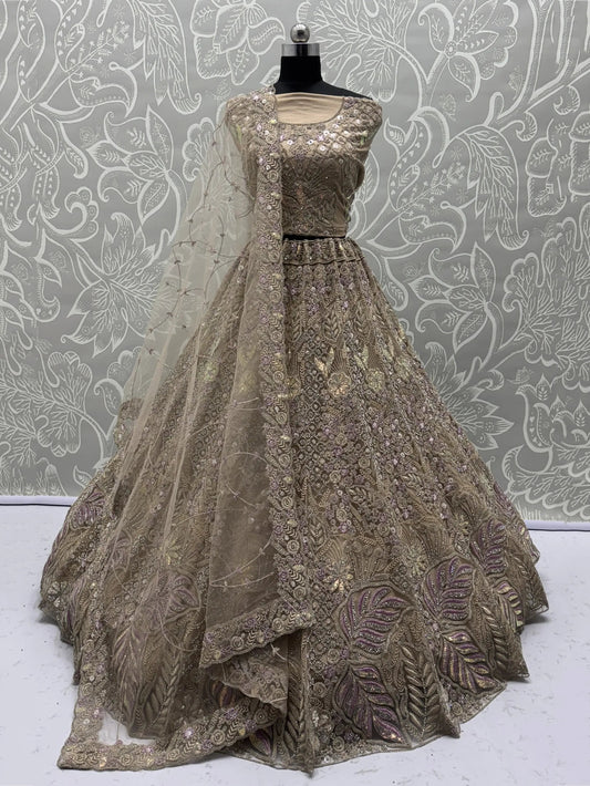 Fantabulous Golden Zircon Work Net Bridal Wear Lehenga Choli With Dupatta - Zeel Clothing