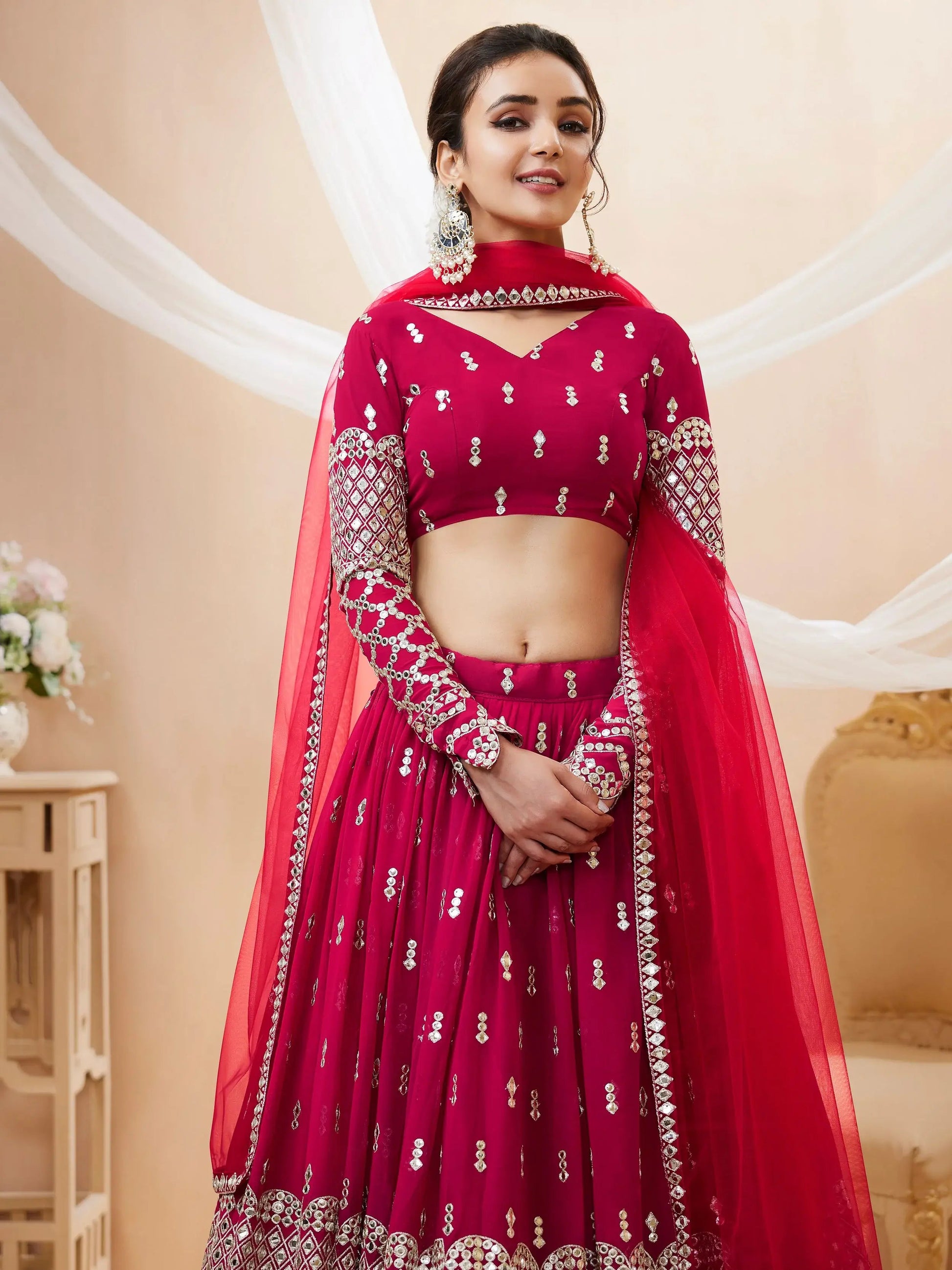 Fantastic Hot Pink Sequins Georgette Wedding Wear Lehenga Choli - Zeel Clothing