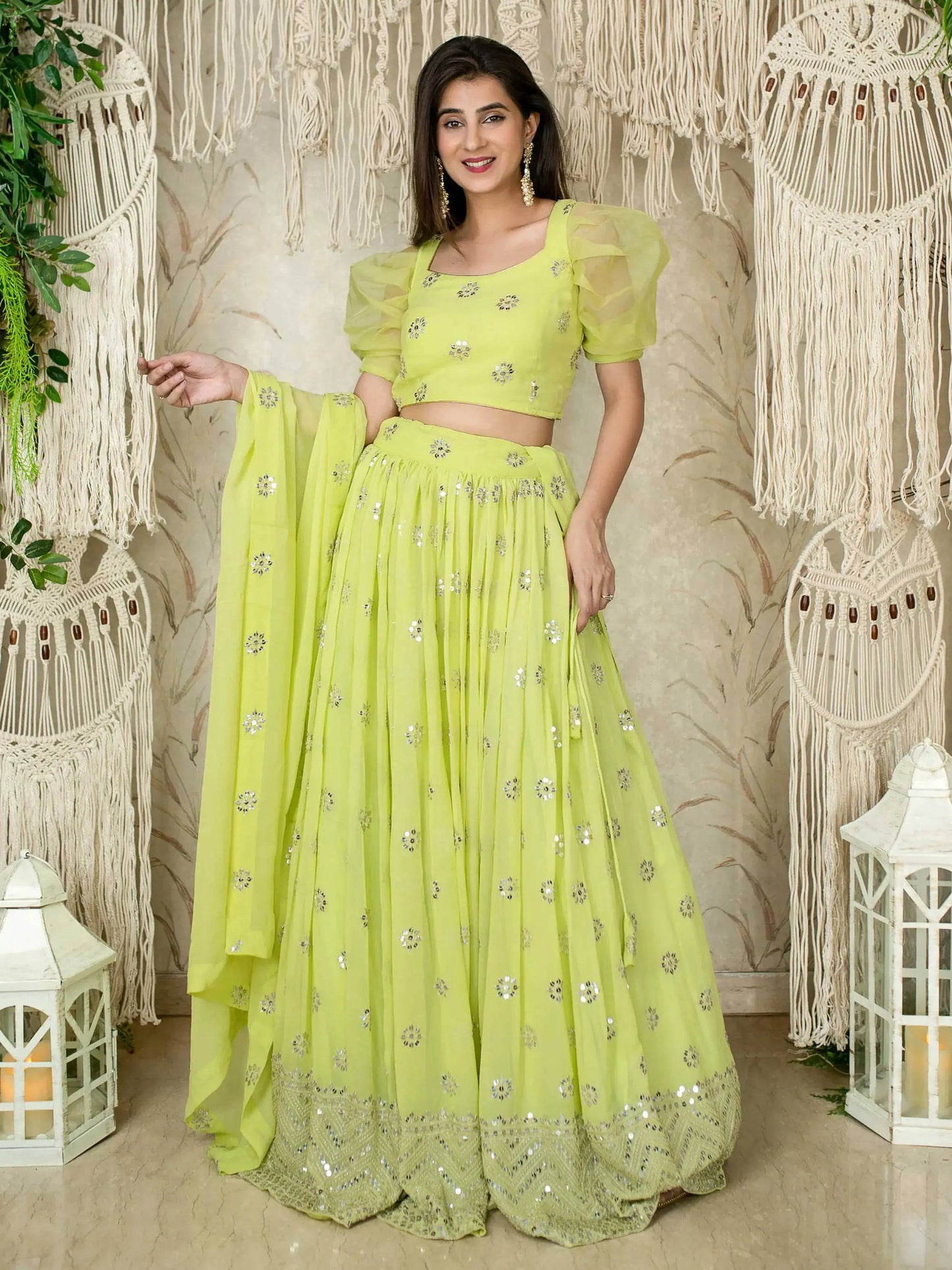 Fantastic Lime Green Sequins Georgette Engagment Wear Lehenga Choli - Zeel Clothing