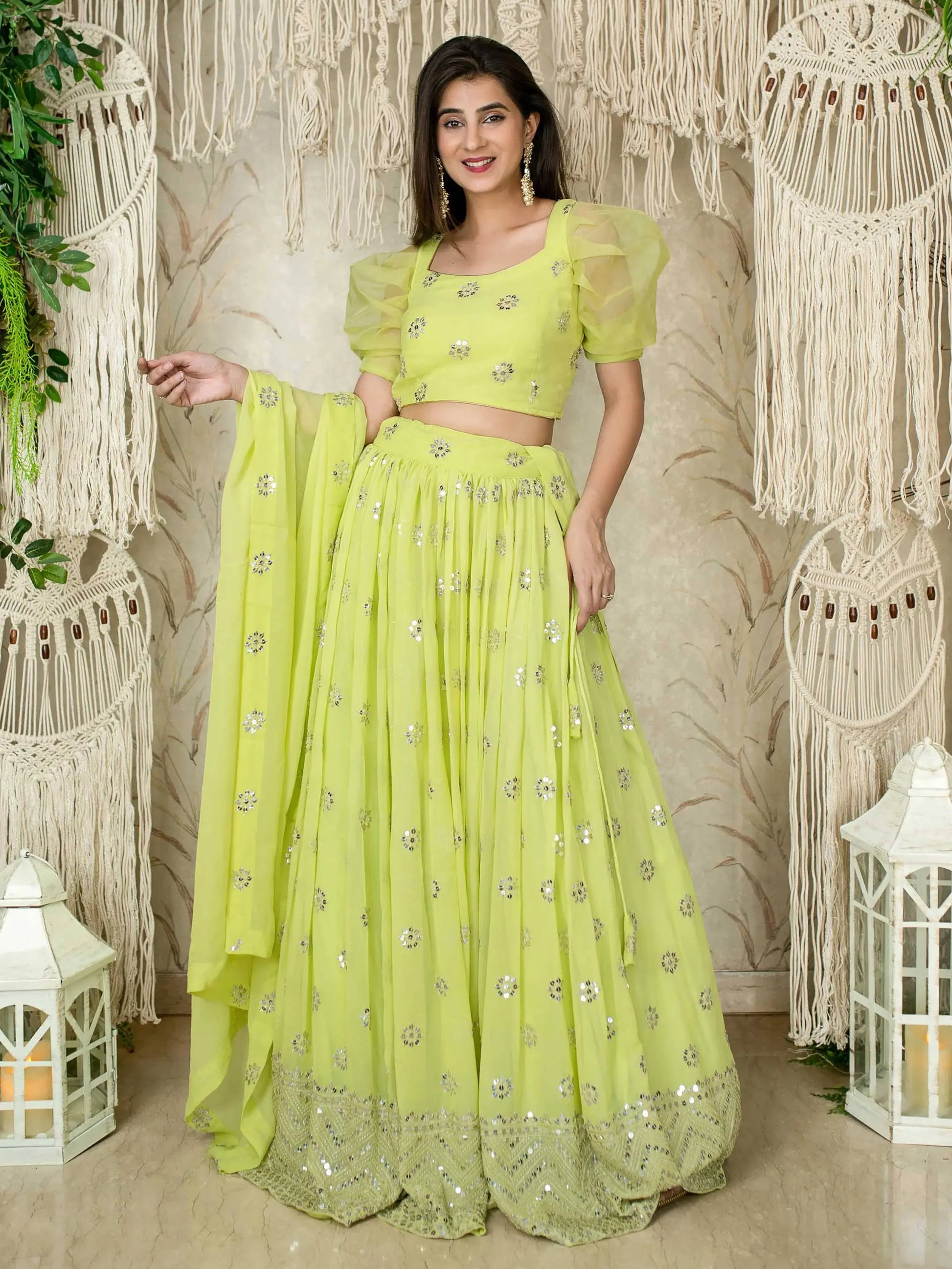 Fantastic Lime Green Sequins Georgette Engagment Wear Lehenga Choli - Zeel Clothing