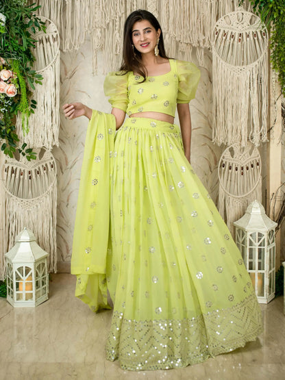 Fantastic Lime Green Sequins Georgette Engagment Wear Lehenga Choli - Zeel Clothing