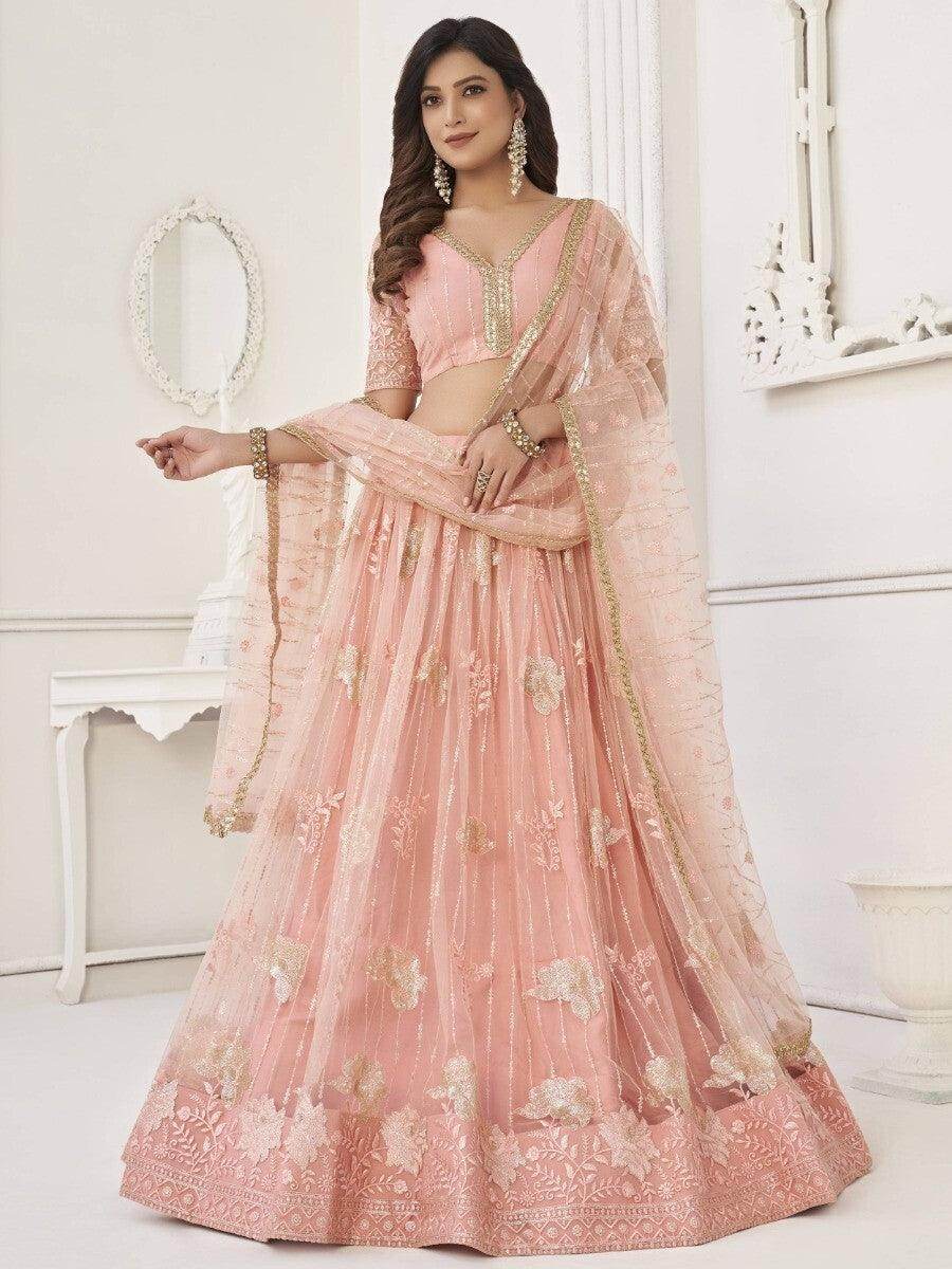 Fantastic Peach Sequins Net Wedding Wear Lehenga Choli With Dupatta - Zeel Clothing