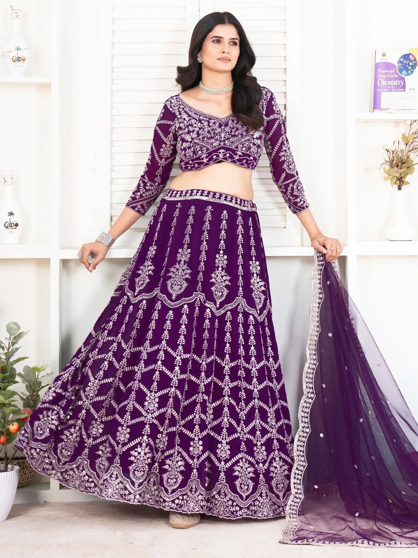 Fantastic Purple Sequins Georgette Wedding Lehenga Choli With Dupatta - Zeel Clothing
