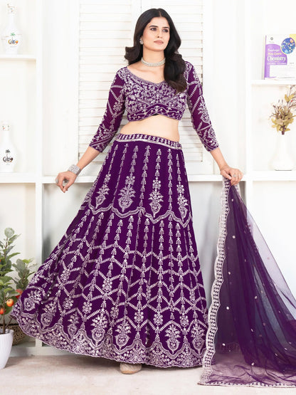 Fantastic Purple Sequins Georgette Wedding Lehenga Choli With Dupatta - Zeel Clothing
