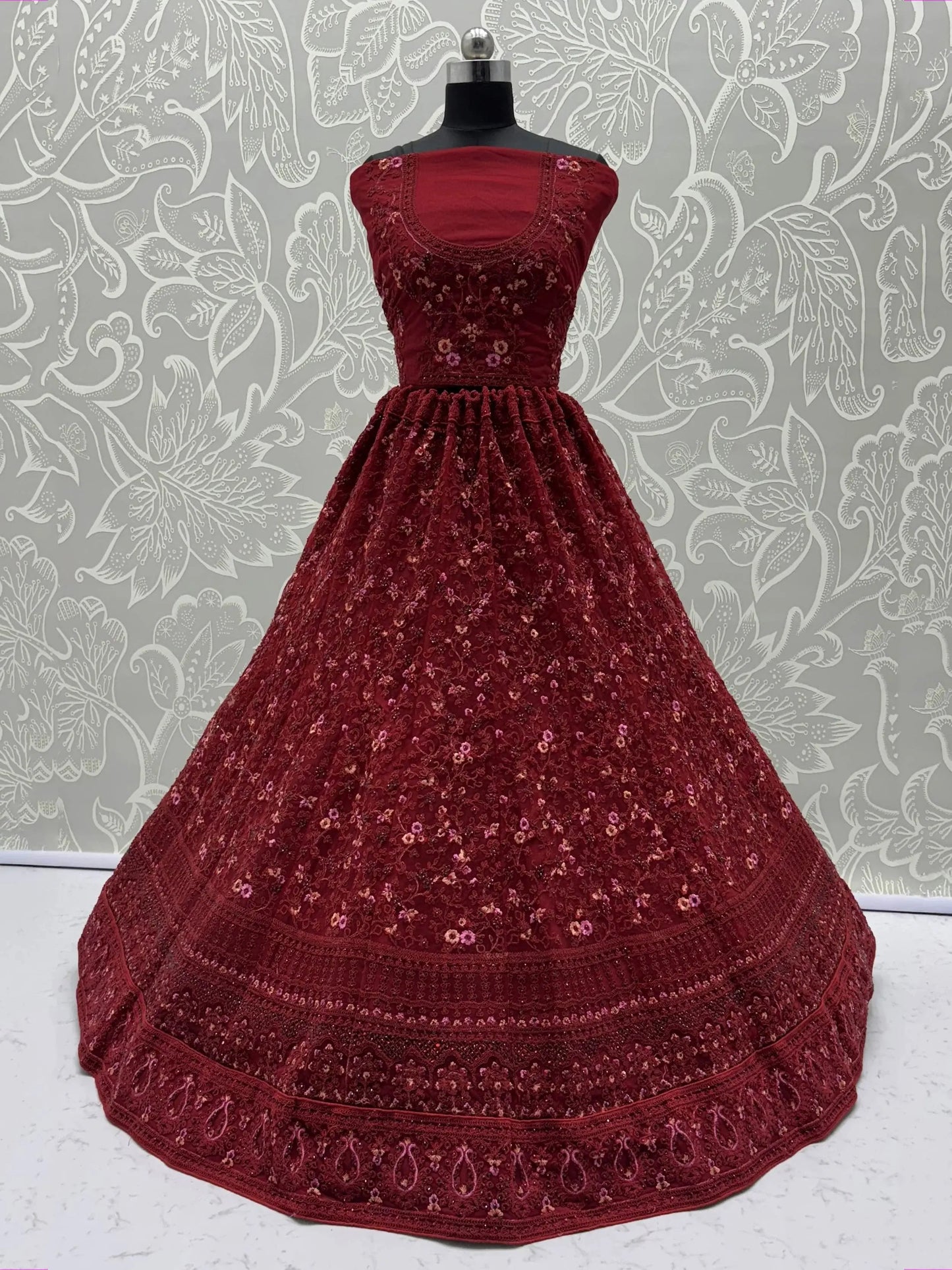 Fantastic Red Floral Embroidered Net Bridal Lehenga Choli With Dupatta - Zeel Clothing
