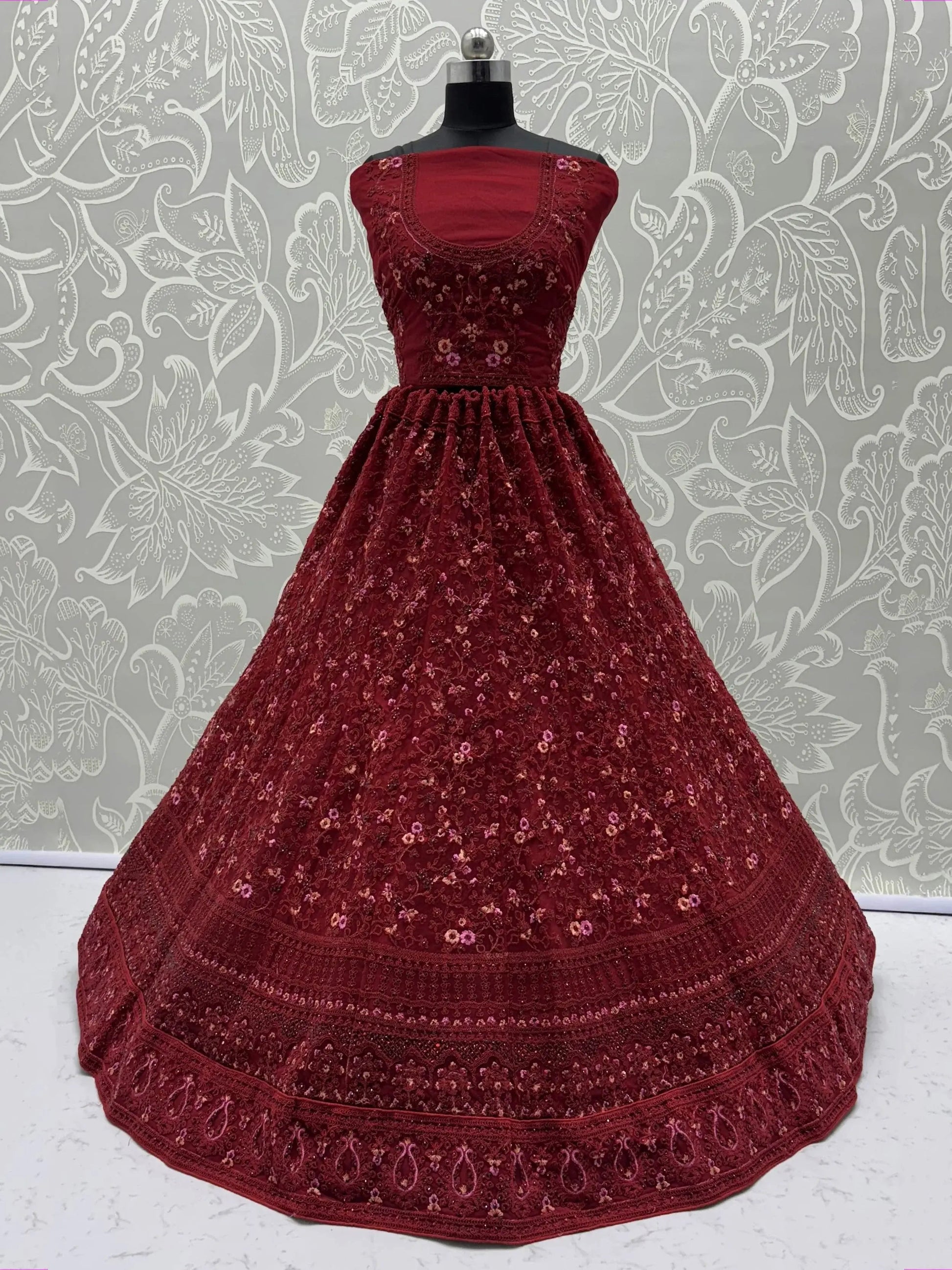 Fantastic Red Floral Embroidered Net Bridal Lehenga Choli With Dupatta - Zeel Clothing