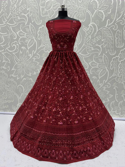 Fantastic Red Floral Embroidered Net Bridal Lehenga Choli With Dupatta - Zeel Clothing