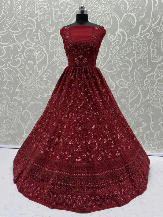 Fantastic Red Floral Embroidered Net Bridal Lehenga Choli With Dupatta - Zeel Clothing