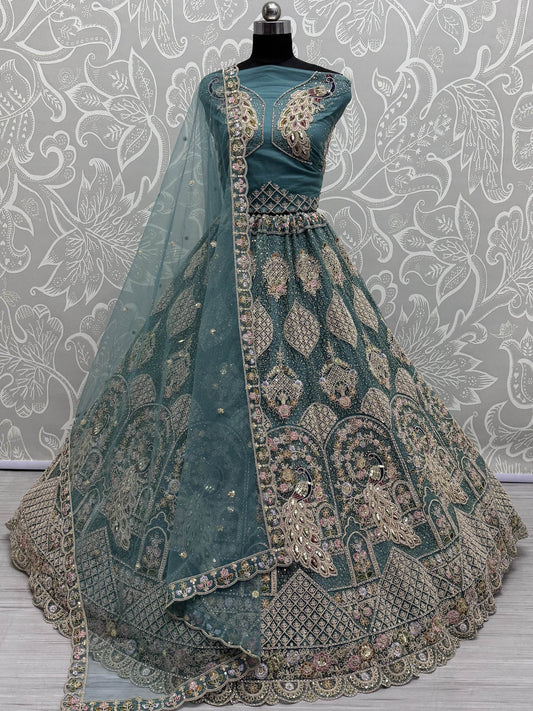 Fantastic Teal Blue Dori Work Net Lehenga Choli With Dupatta - Zeel Clothing