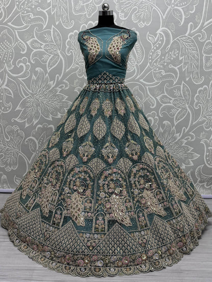 Fantastic Teal Blue Dori Work Net Lehenga Choli With Dupatta - Zeel Clothing