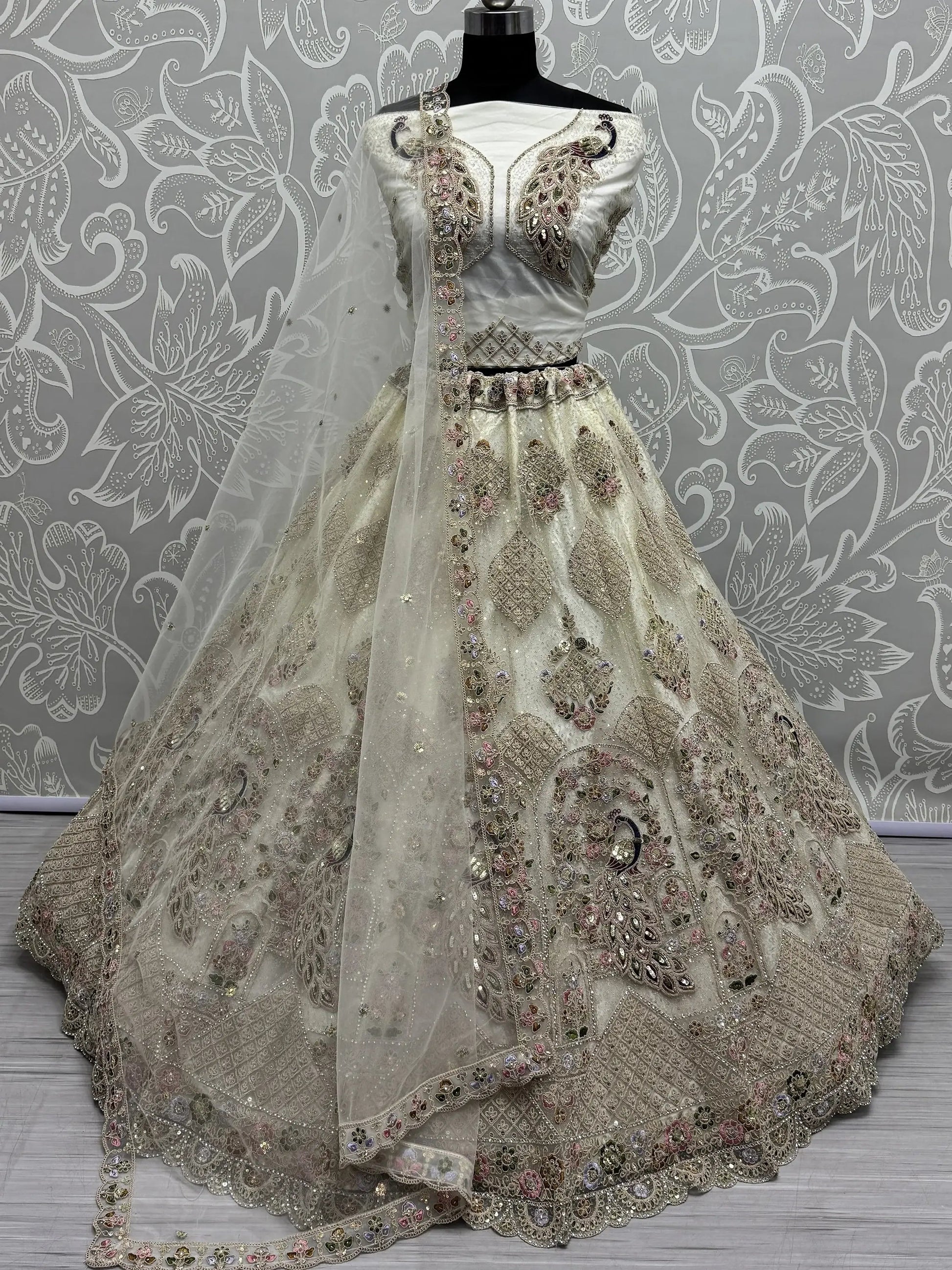 Fantastic White Thread Work Net Bridesmaid Lehenga Choli With Dupatta - Zeel Clothing