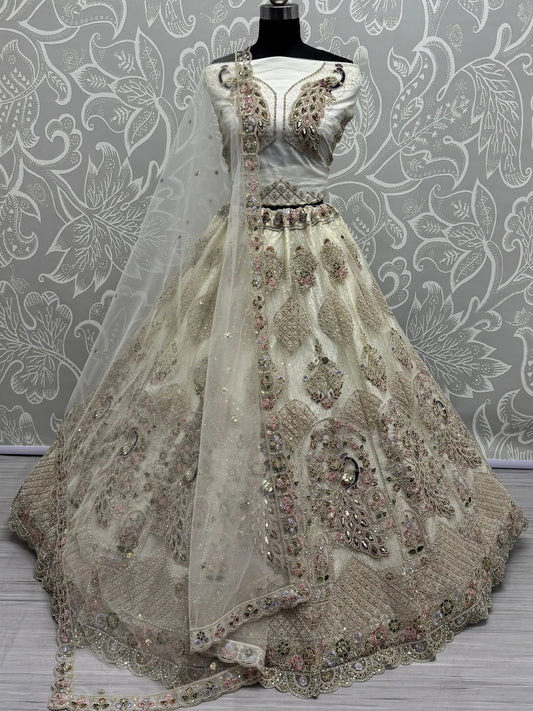 Fantastic White Thread Work Net Bridesmaid Lehenga Choli With Dupatta - Zeel Clothing