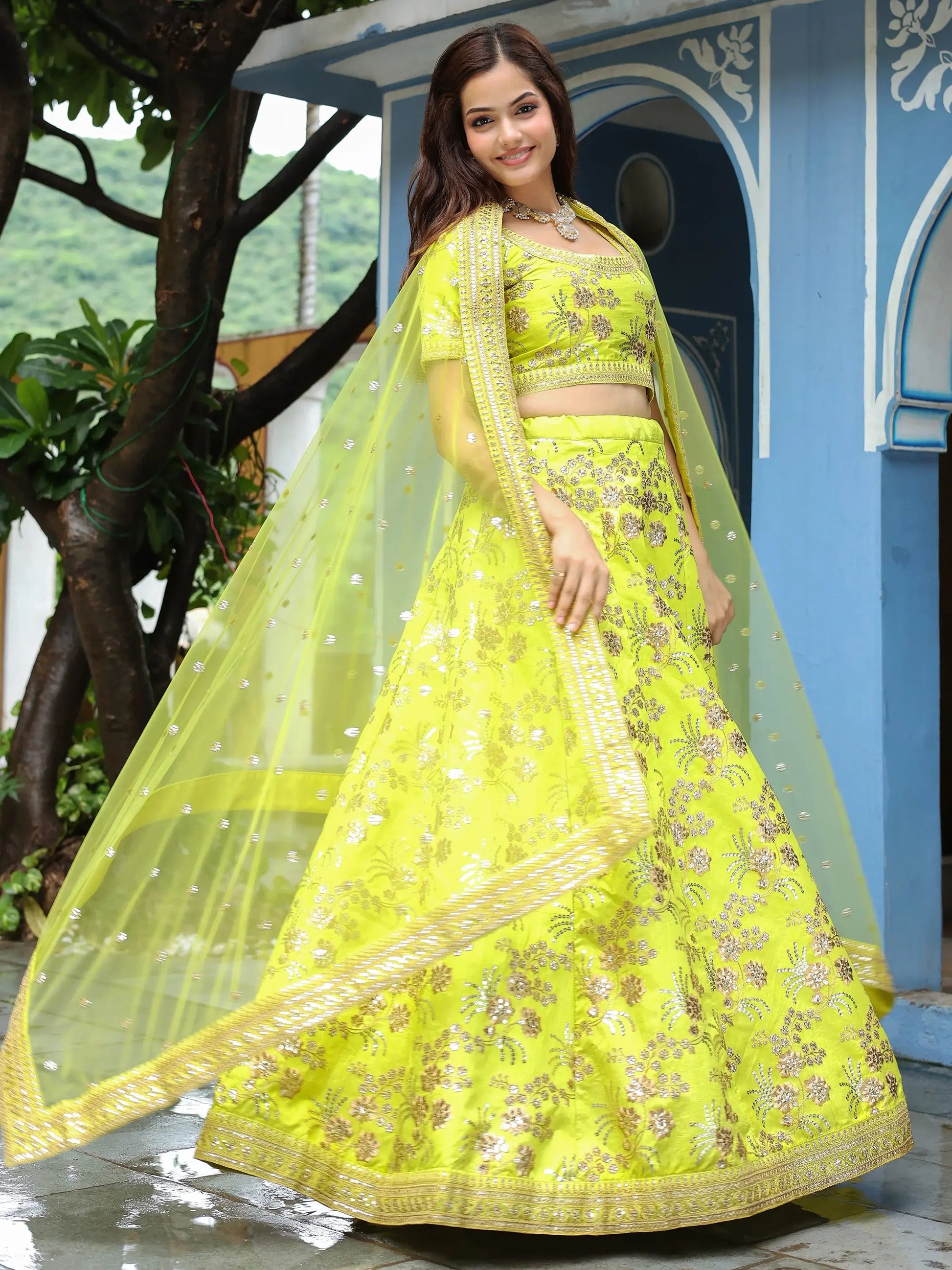 Fantastical Neon Embroidery Silk Lehenga Choli With Dupatta - Zeel Clothing