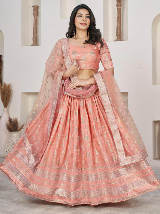 Fantastical Peach Zari Work Jacquard Bridesmaid Lehenga Choli - Zeel Clothing