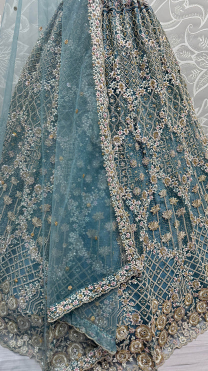 Fascinating Blue Thread Work Net Designer Lehenga Choli With Dupatta - Zeel Clothing