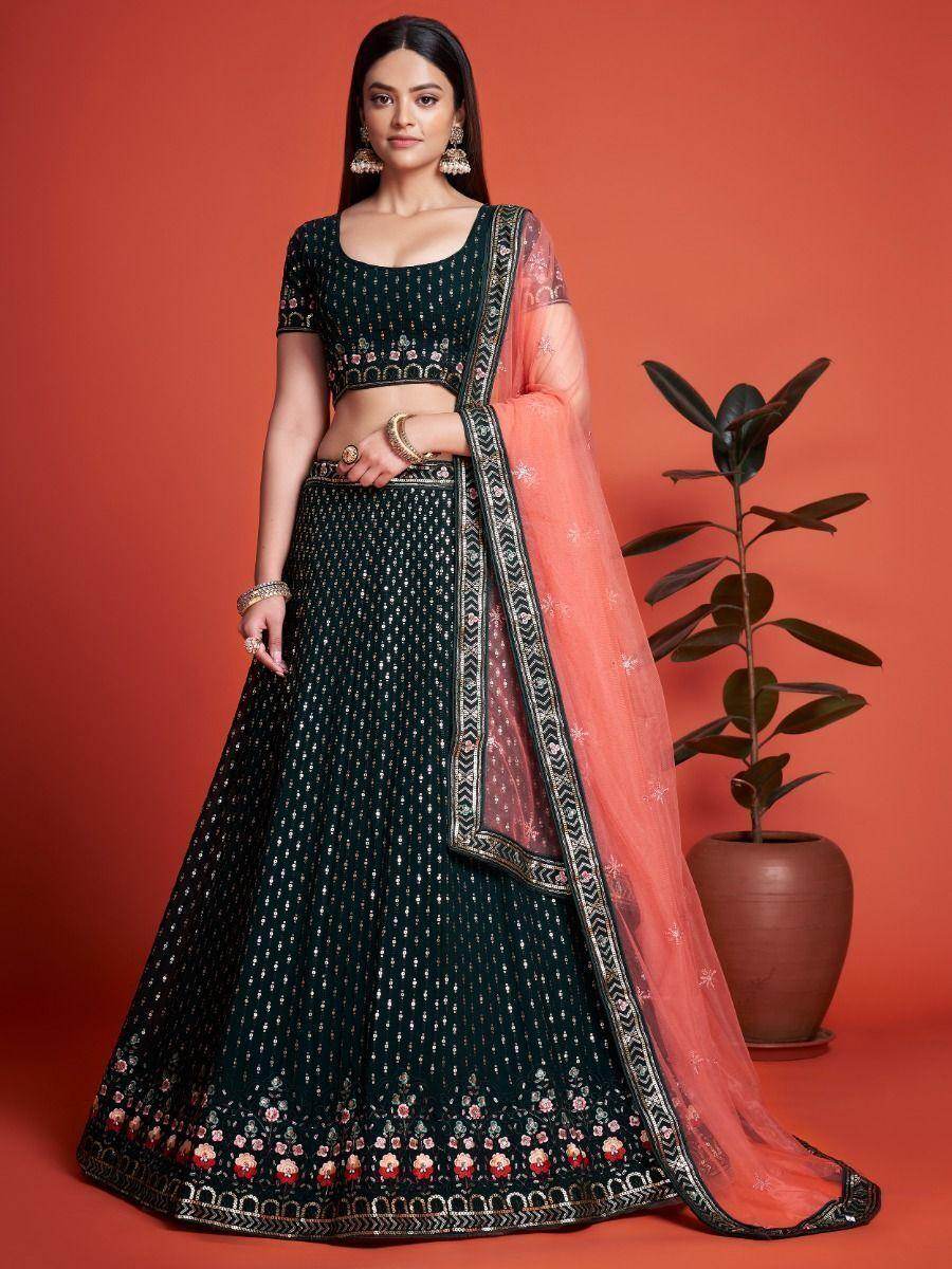 Fascinating Green Embroidery Georgette Wedding Wear Lehenga Choli - Zeel Clothing