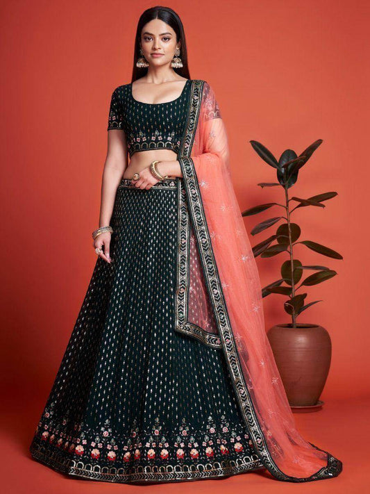 Fascinating Green Embroidery Georgette Wedding Wear Lehenga Choli - Zeel Clothing
