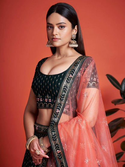 Fascinating Green Embroidery Georgette Wedding Wear Lehenga Choli - Zeel Clothing