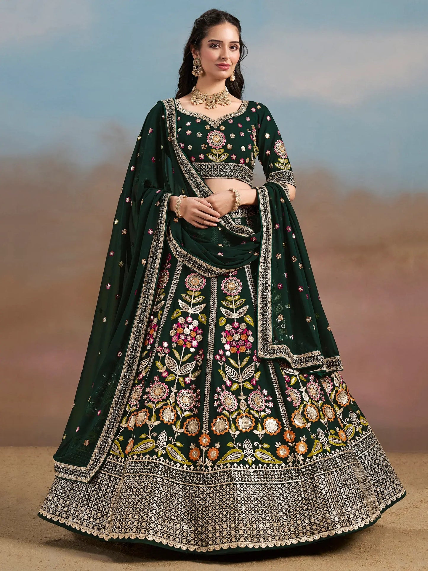 Fascinating Green Sequins Georgette Mehendi Wear Lehenga Choli - Zeel Clothing