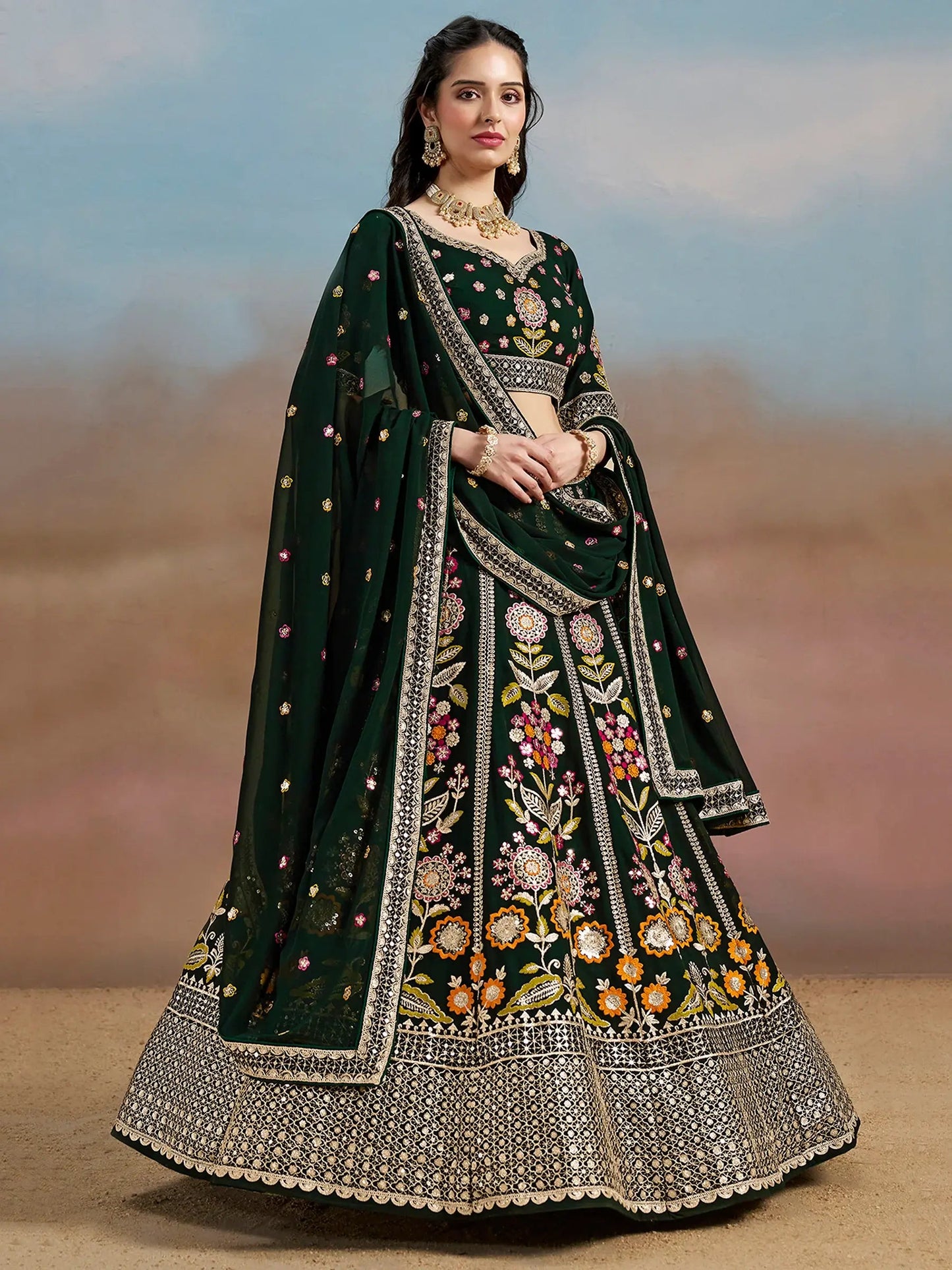 Fascinating Green Sequins Georgette Mehendi Wear Lehenga Choli - Zeel Clothing