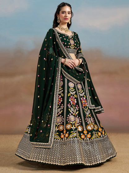Fascinating Green Sequins Georgette Mehendi Wear Lehenga Choli - Zeel Clothing