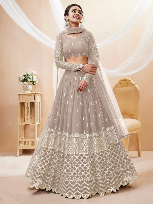 Fascinating Grey Sequins Georgette Reception Wear Lehenga Choli - Zeel Clothing