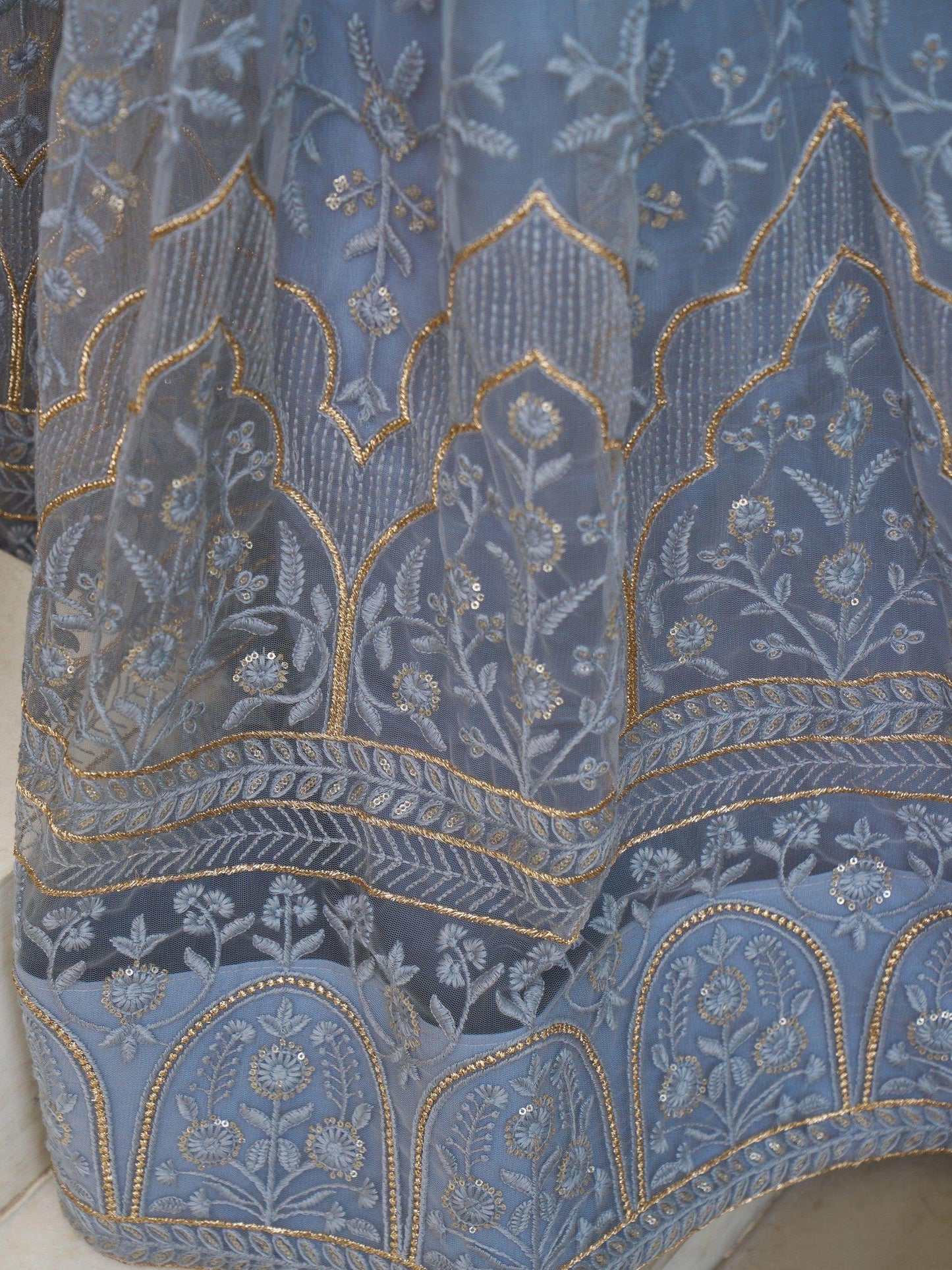 Fascinating Light Blue Thread Work Net Designer Lehenga Choli - Zeel Clothing